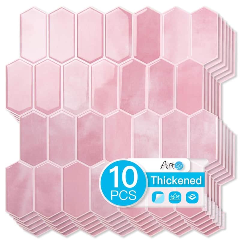 Art3d 10pcs Peel and Stick Backsplash Thickened Wall Tiles, 12''x12'', Cover 10 Sq.Ft. - Pink