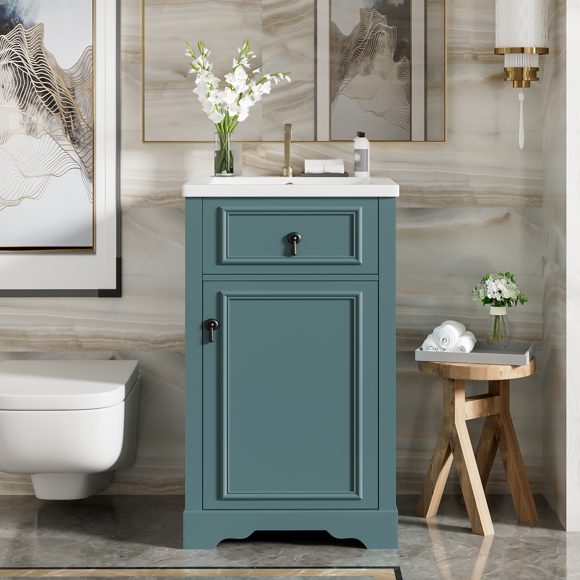 20" Bathroom Vanity with Ceramic Sink – Soft-Close Door, Adjustable Shelf & Door-Mounted Storage Rack for Small Spaces‌