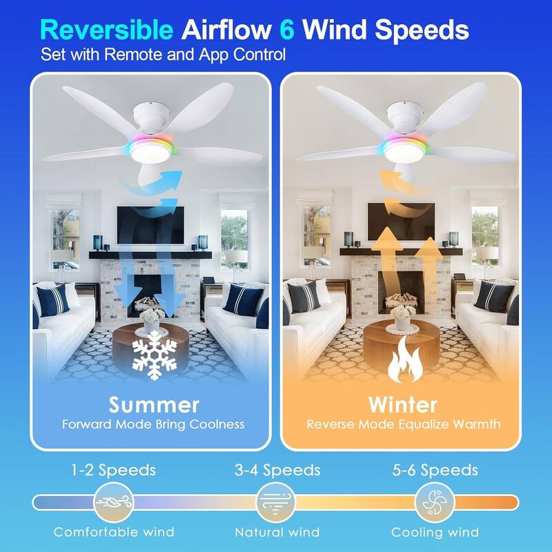 46" Modern Flush Mount Ceiling Fan with LED Light and Remote APP Control Reversible DC Motor for Living Room Bedroom - 46 Inches