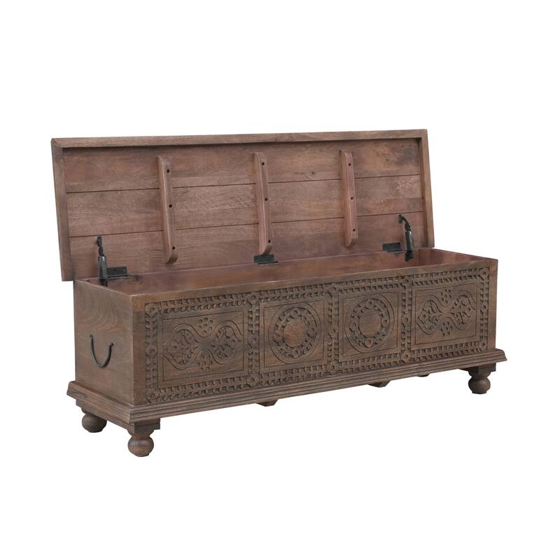 HomeRoots 54" Brown Solid Wood Medallion Storage Ottoman
