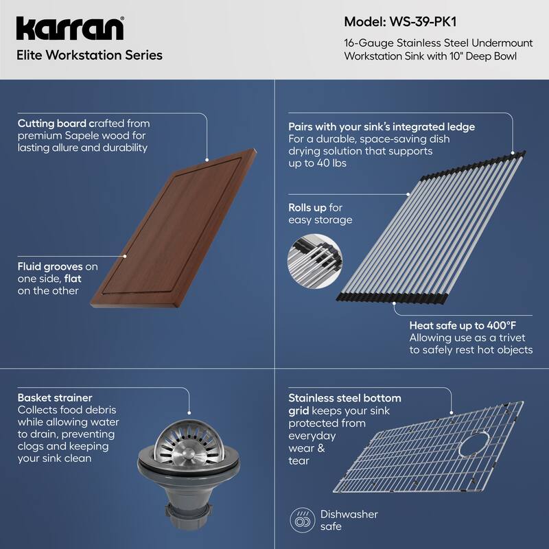Karran Elite WS-39-PK1 Undermount 39" Single Bowl Stainless Steel Workstation Kitchen Sink