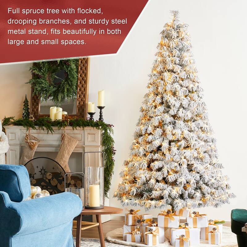 Glitzhome 7.5ft/9ft Pre-Lit Flocked Full Spruce Artificial Christmas Tree with C3 Lights Foot Switch