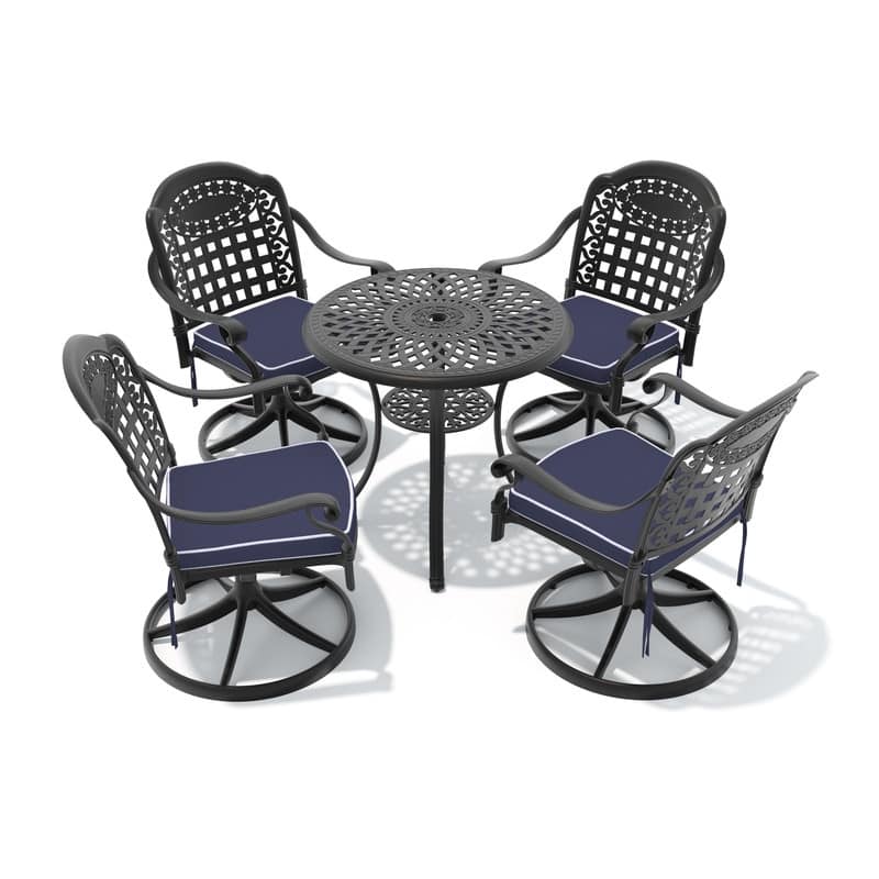 5-Piece Aluminum Round Outdoor Patio Dining Set, 4 Cushioned Swivel Chairs, Table, All-Weather Frames