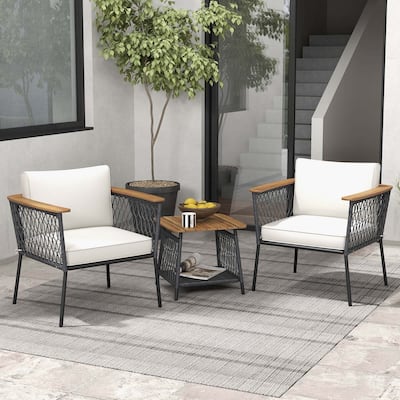 3 PCS Patio Furniture Set Rattan Chair Set w/ Coffee Table & Cushions