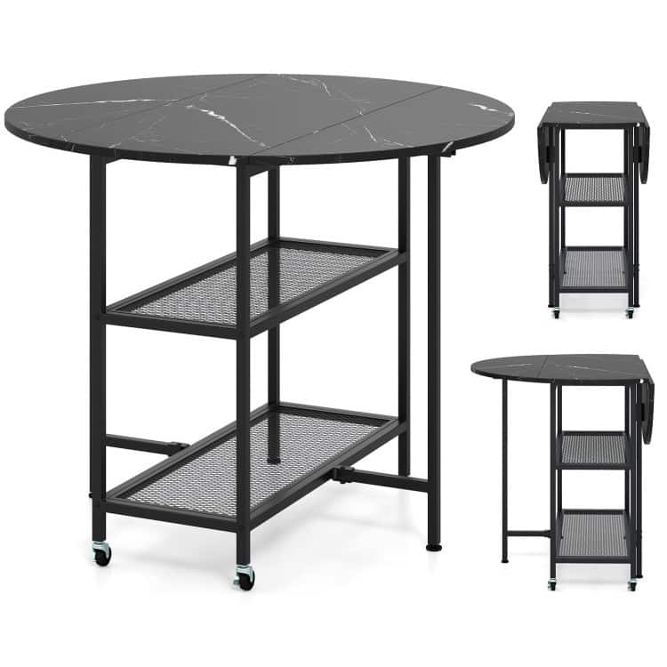 Foldable Round Dining Table with Storage Shelves for Small Spaces - 40" x 32" - Black