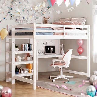 Full Size Loft Bed With Shelves,Desk and Writing Board for Home