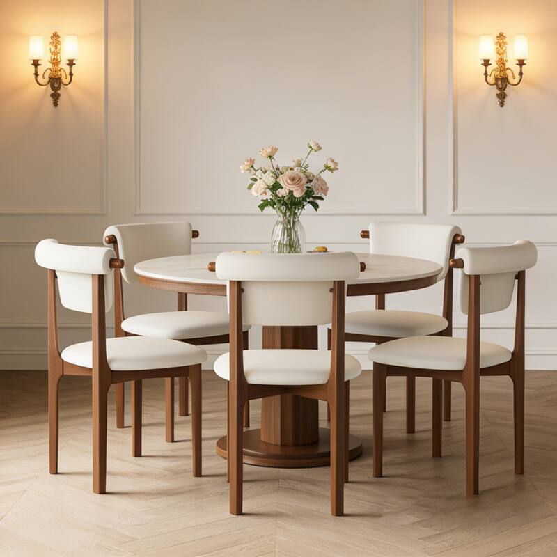 Modern Not Assembled Need Faux Leather Dining chairs, Beige, Solid Wood legs, Mid Century Kitchen Chairs for Diningroom - Set of 6