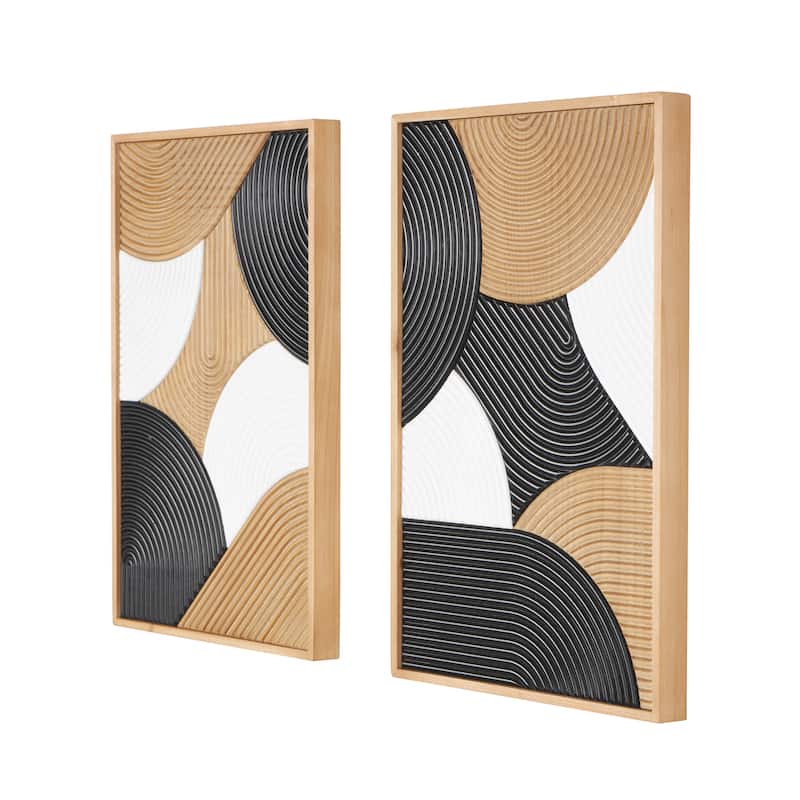 Brown Wooden Geometric Home Wall Decor with Black and White Round Forms (Set of 2)