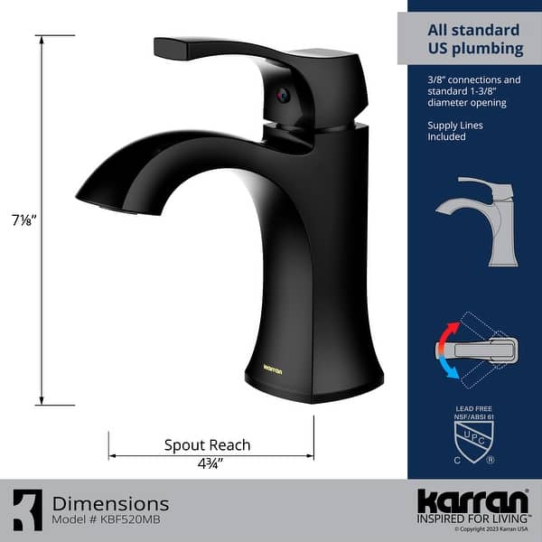 dimension image slide 2 of 4, Karran Randburg KBF520 Single-Handle Single Hole Basin Bathroom Faucet with Matching Pop-up Drain