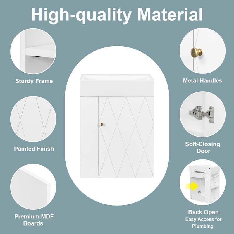 20" Wall Mounted Bathroom Vanity with Ceramic Sink, Diamond Door Design, Side Shelves and Towel Bar