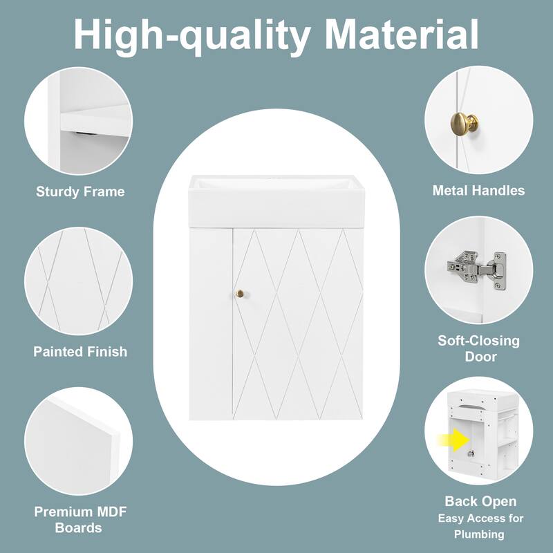 Wall-mounted Small Bathroom Vanity with Ceramic Sink, Floating Ceramic Sink Cabinet with Side Storage Shelves, 20 Inch