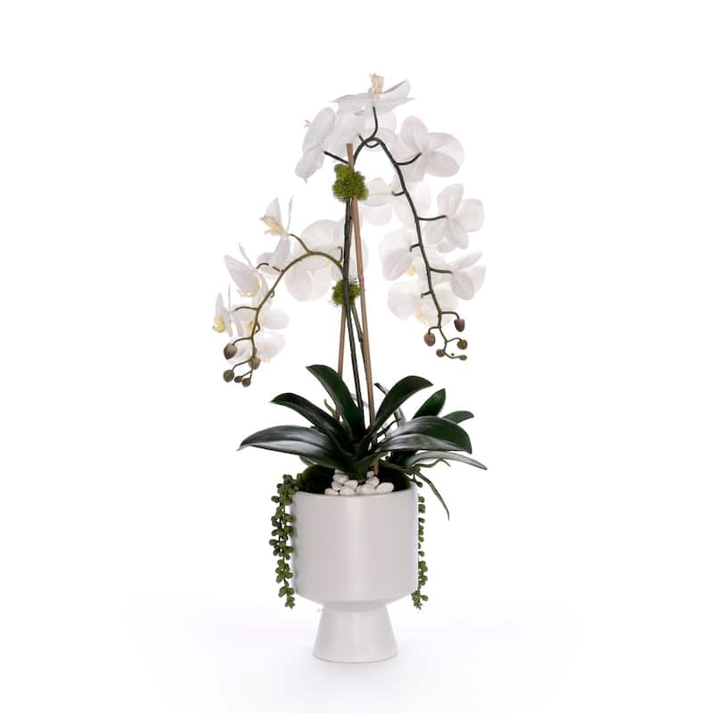 Real Touch White Orchid Flower Arrangement in White Pot