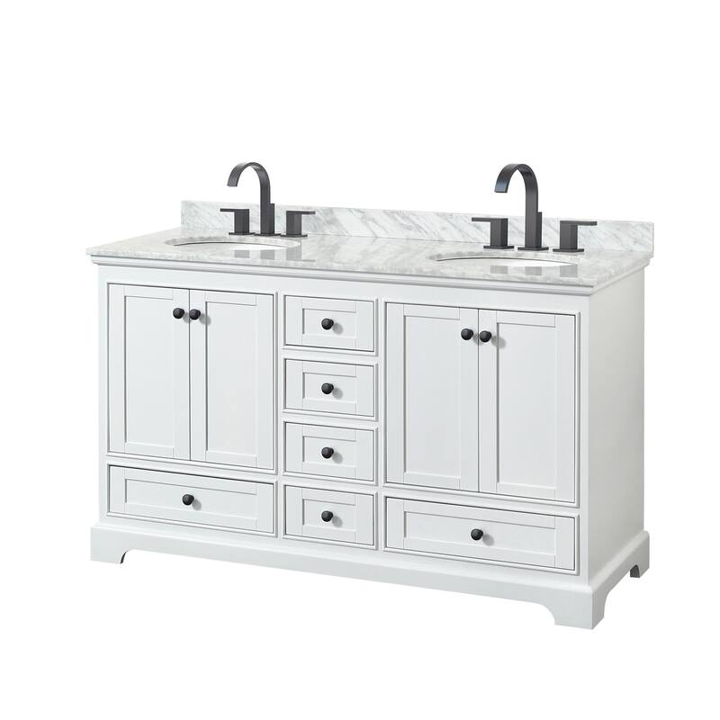 Wyndham Collection Deborah 60" Free Standing Double Vanity Set with - White / White Carrara Marble Top / Matte Black - Painted