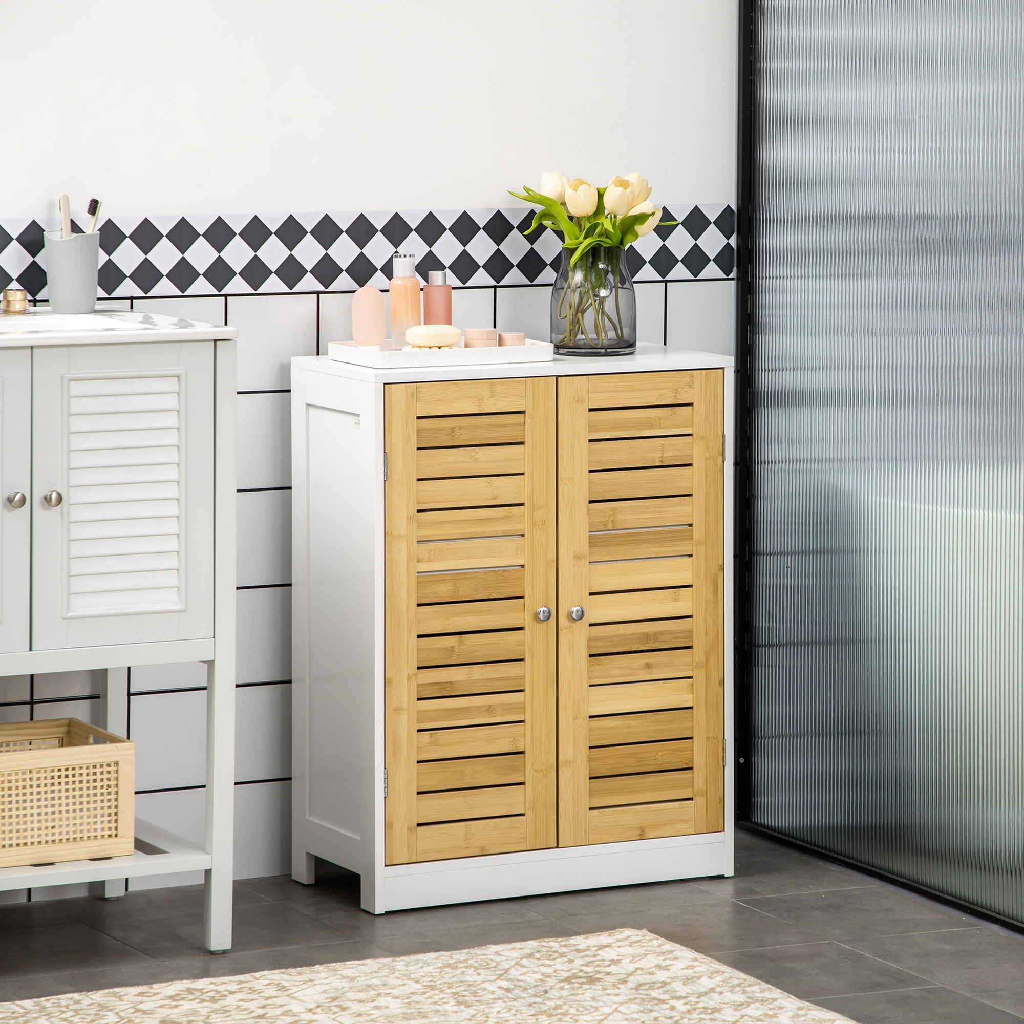 Costway Bathroom Floor Cabinet Side Storage Cabinet with 3 Drawers and 1 Cupboard White