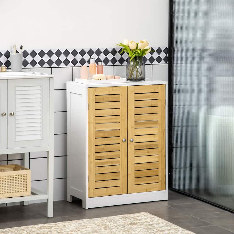kleankin Bathroom Floor Cabinet, Side Storage Organizer Cabinet with Bamboo Doors, Adjustable Shelves, White and Natural - White - Wood Finish
