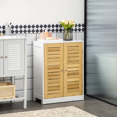 kleankin Bathroom Floor Cabinet, Side Storage Organizer Cabinet with Bamboo Doors, Adjustable Shelves, White and Natural