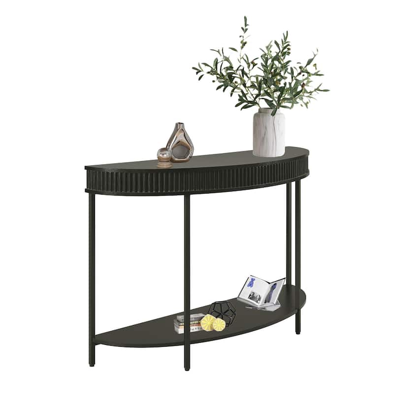 Fluted Half Moon Console Table, 47" Width Modern 2-Tier Black Entryway Console for Living Room Hallway Foyer