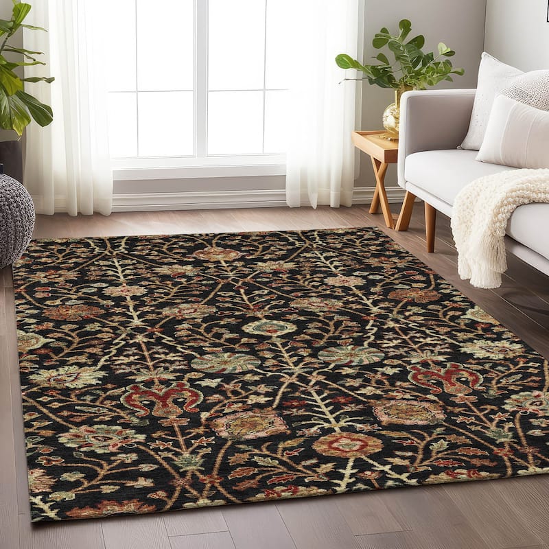 Machine Washable Indoor/ Outdoor Traditional Kashan Chantille Rug - Black - 5' x 7'6"