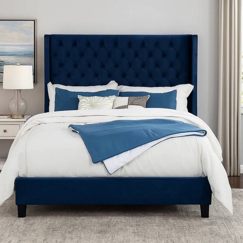 Hiu King Size Bed, Wingback Headboard, Navy Blue Velvet Like Upholstery