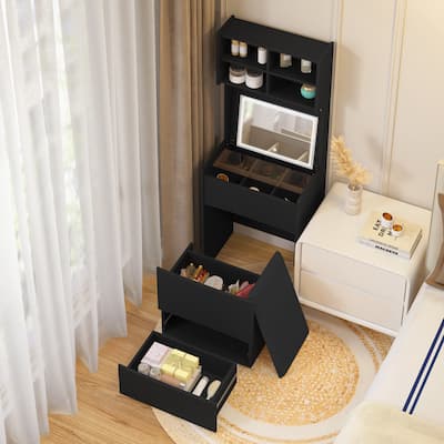 Dressing Table with Flip Top LED Illuminated Mirror, Makeup Vanity Dressing Table with Removable Upholstered Stool