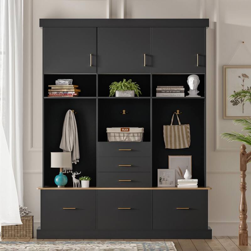 75" Entryway Hall Tree with Bench and Storage - 5-in-1 Modern Design - Black