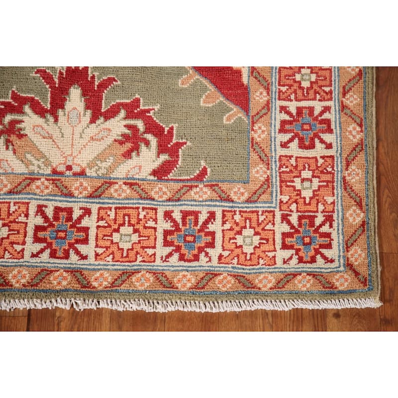 Geometric Green Kazak Oriental Accent Rug Handmade Wool Carpet - 3'3"x 5'1"