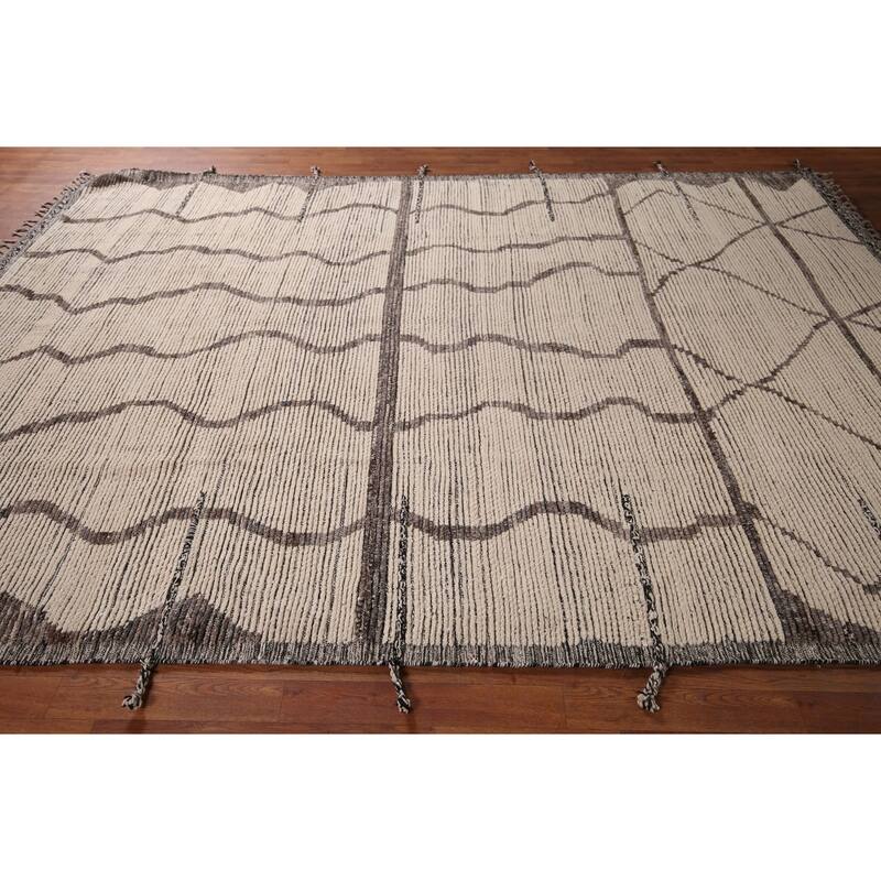 All-Over Striped Moroccan Abstract Area Rug Hand-Knotted Wool Carpet - 7'8"x 10'10"
