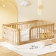 preview thumbnail 1 of 32, Twin/Full Size Wooden Floor Bed, Kids Bed Frame with Fence Guardrail, Toddle Bed with Small Opening Natural - Twin