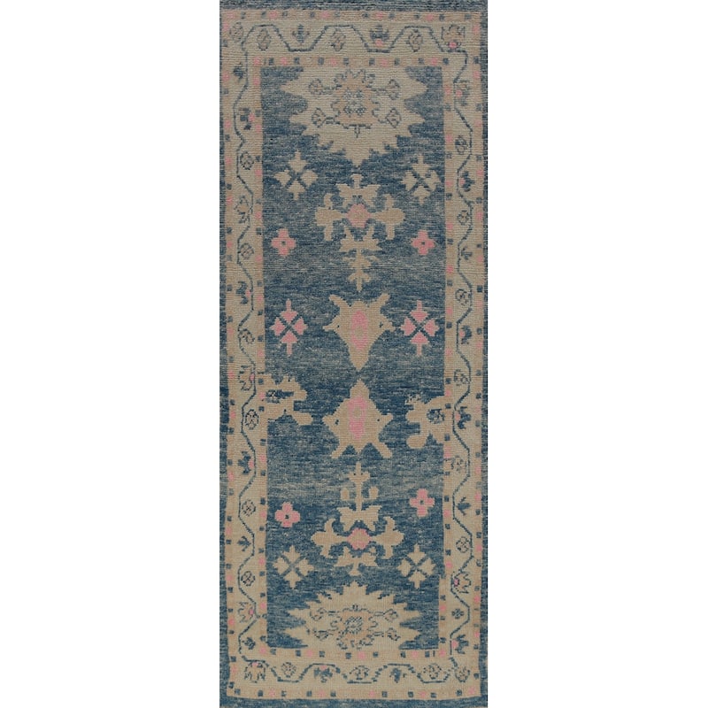 Hand Knotted Oriental 100% Wool Carpet Transitional Geometric Navy Blue & Blues Oushak Runner Rug - 9' 4'' X 3' 0''