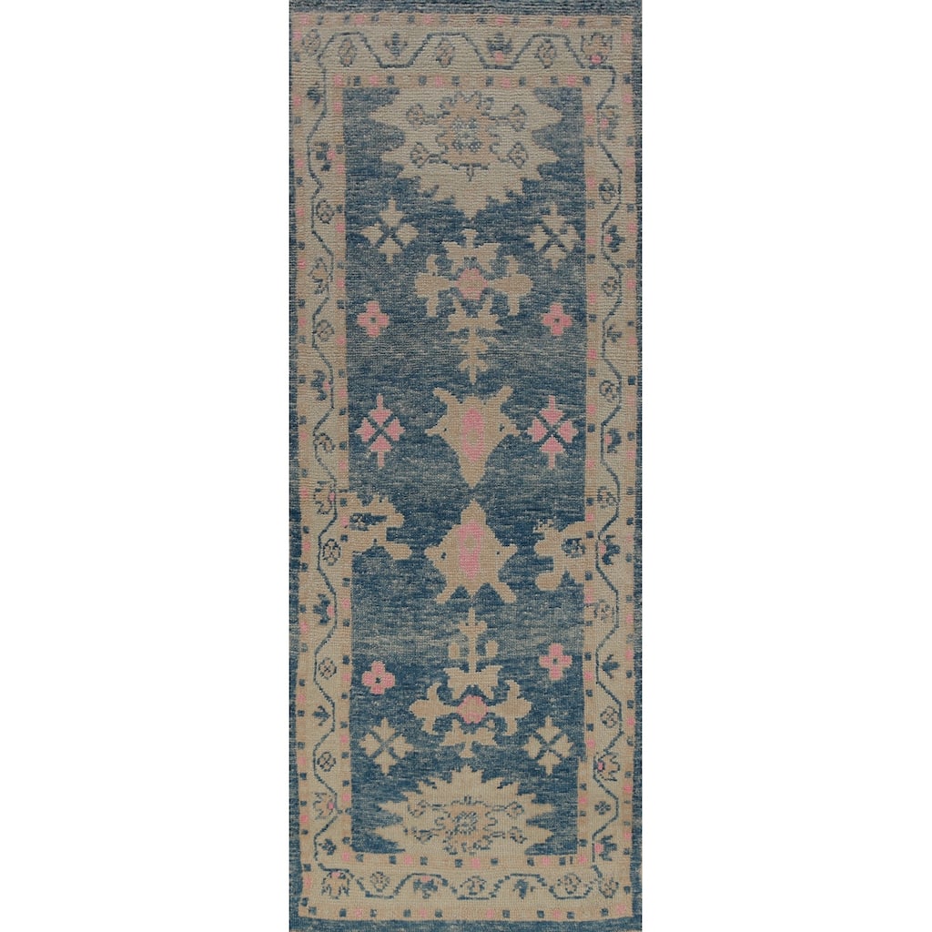 Hand Knotted Oriental 100% Wool Carpet Transitional Geometric Navy Blue & Blues Oushak Runner Rug - 9' 4'' X 3' 0''