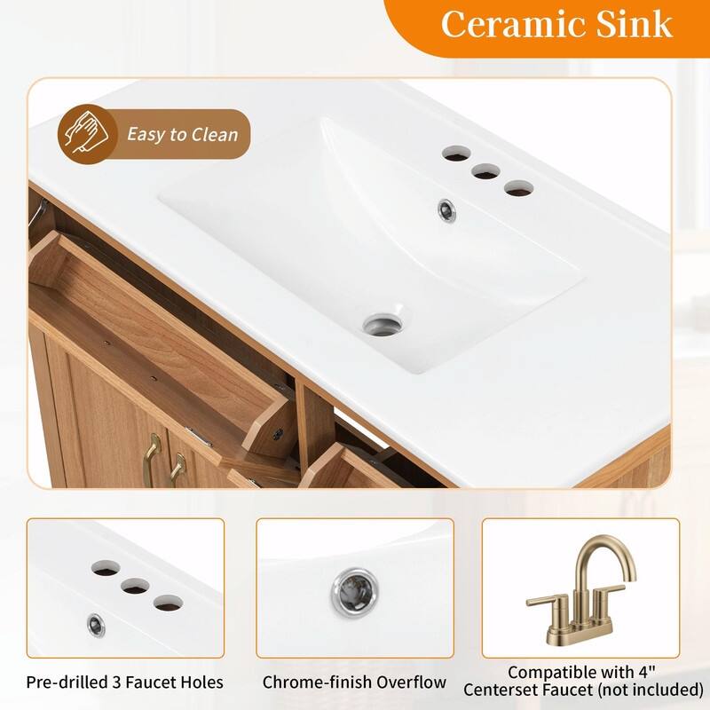 36 Inch Bathroom Vanity with Ceramic Sink, Modern Wood Grain Cabinet with Solid Rubberwood Legs, Soft-Close Doors & 4 Drawers