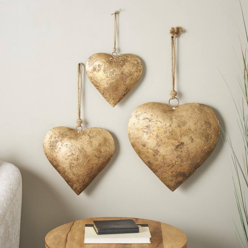 Metal Heart Tibetan Inspired Decorative Bells with Jute Hanging Rope - Set of 3 Red, Silver or Gold - Roche River Decor