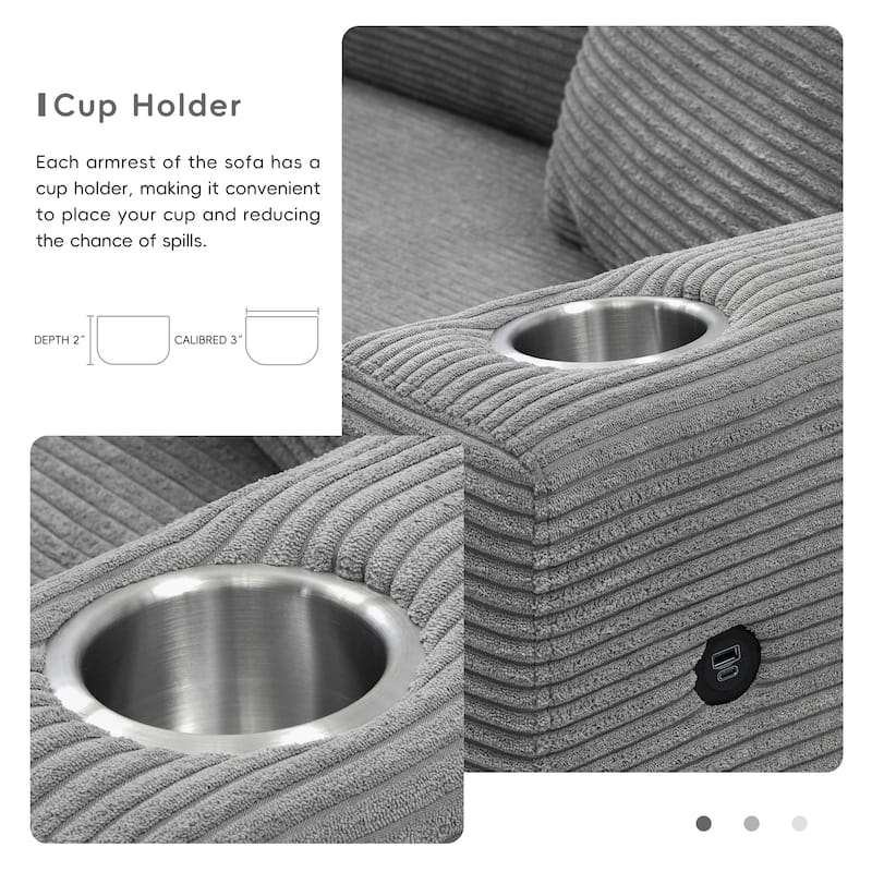 Corduroy Sectional Sofa with Chaise, USB Ports, Cup Holders - Comfy Living Room Furniture