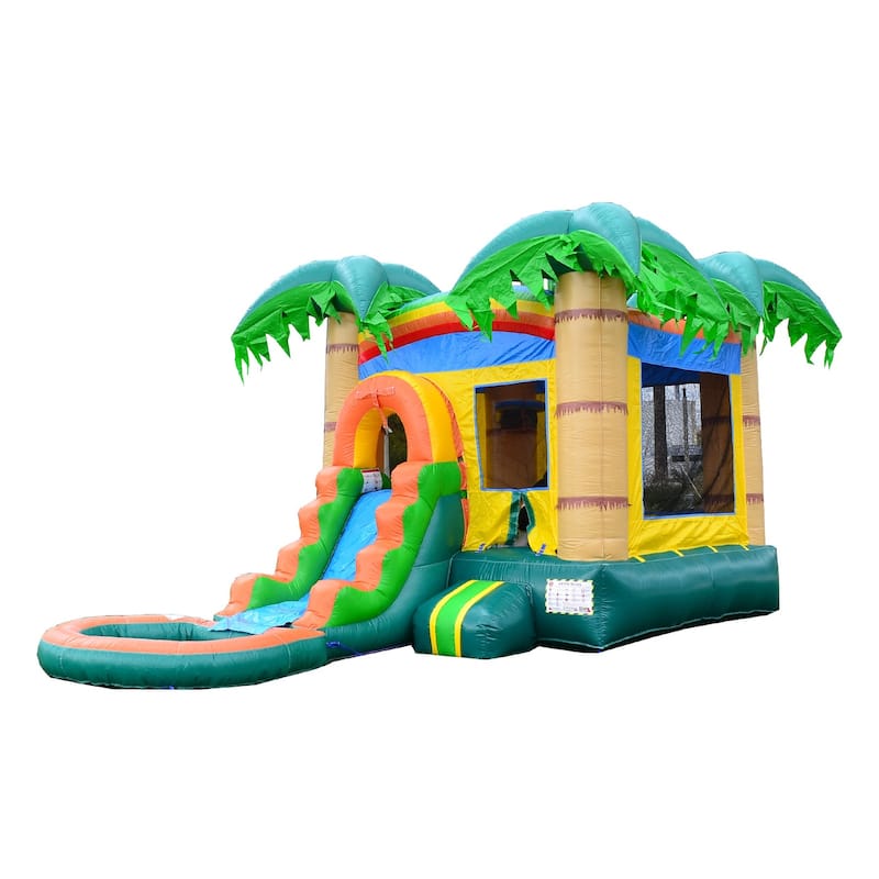 HeroKiddo Tropical Forest Commercial Grade Inflatable Bounce House & Water Slide Combo with Attached Pool & Air Blower for Kids