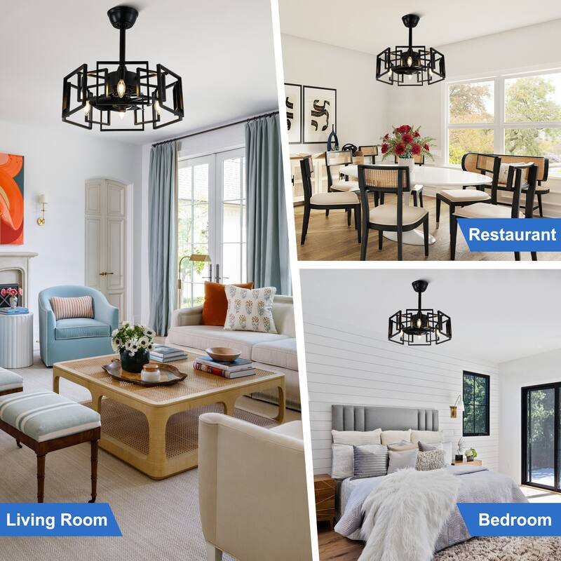 CurveCurio 20" Modern Matte Black Industrial Caged Ceiling Fan w/ 6 Lights, Quiet DC Motor 3 Speed Remote Control Fanlight