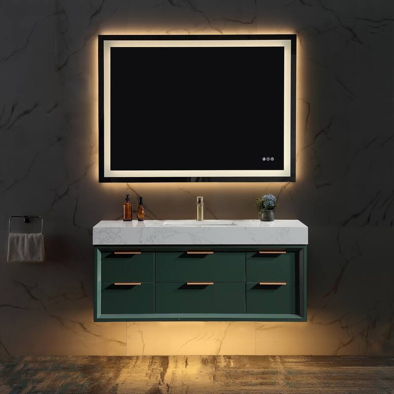 36/48/60 Modern LED Floating Bathroom Vanity with Single/Double Sink & Soft-Close Drawers & Waterproof, Green
