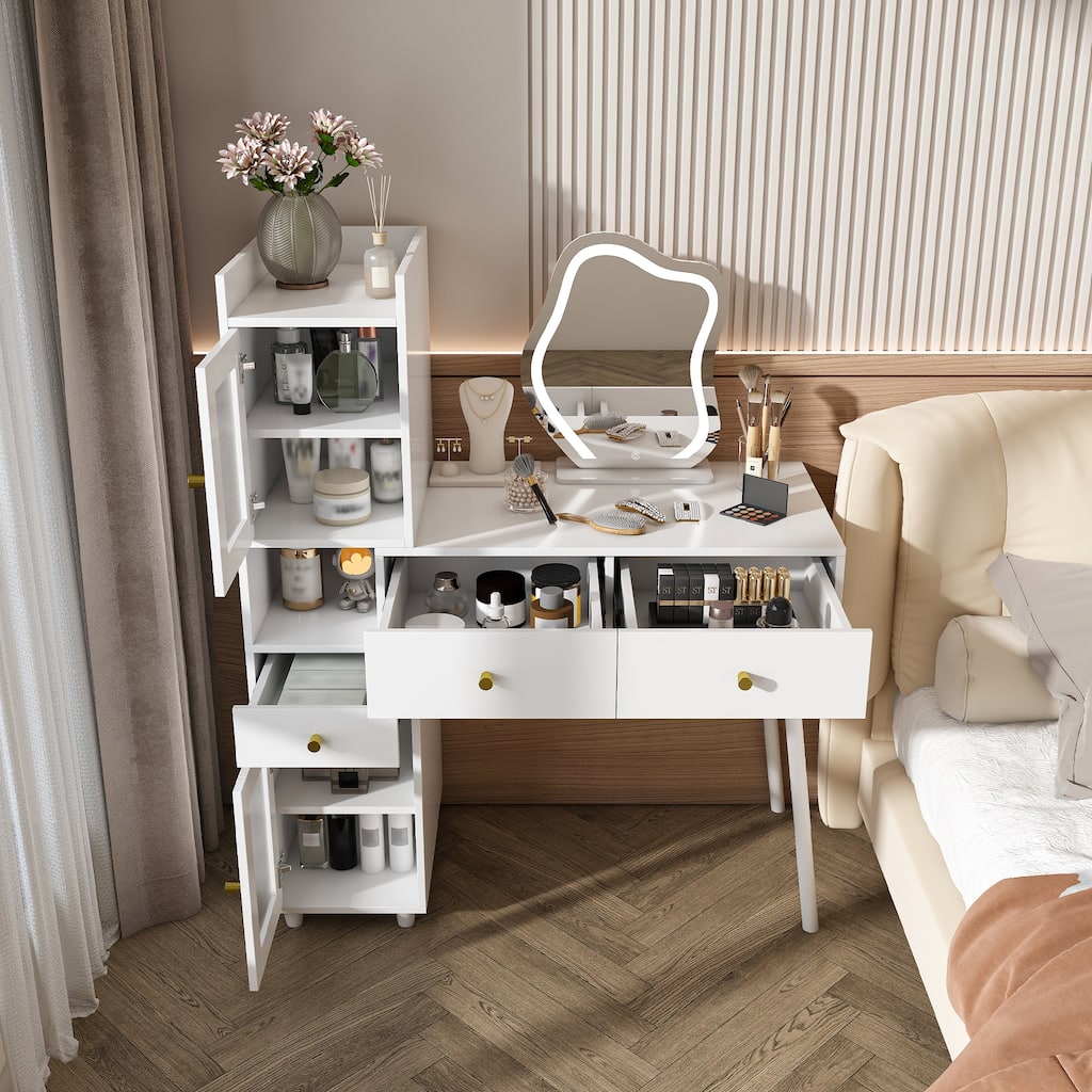 Roomfitters Vanity Desk with Illuminated Mirror, Modern Makeup Station with Glass Cabinets and Shelves, White