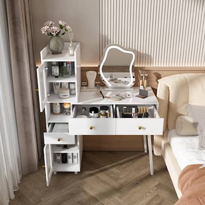 Vanity Dressing Table with LED Mirror & Storage, Makeup Desk Features 3 Drawers, 2 Open Shelves (Transparent Doors)