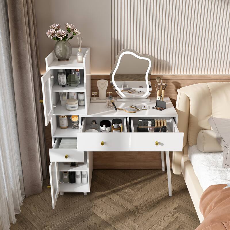 Vanity Dressing Table with LED Mirror - Makeup Desk with 3 Drawers, 2 Open Shelves & 4 Hidden Cabinets - 3 Lighting Modes - White