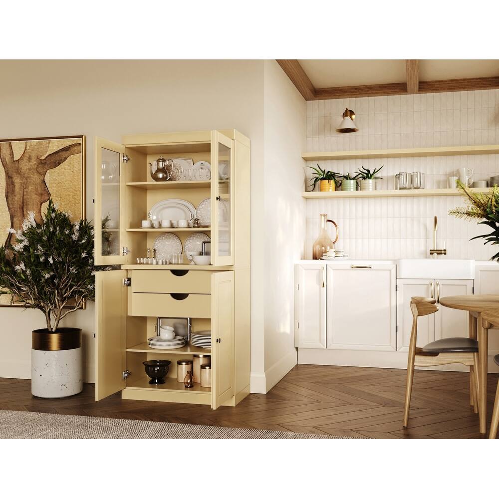 Palace Imports Solid Wood Pantry Cabinet, Raised Panel & Clear Glass Doors, 2 Drawers, Adjustable Shelves