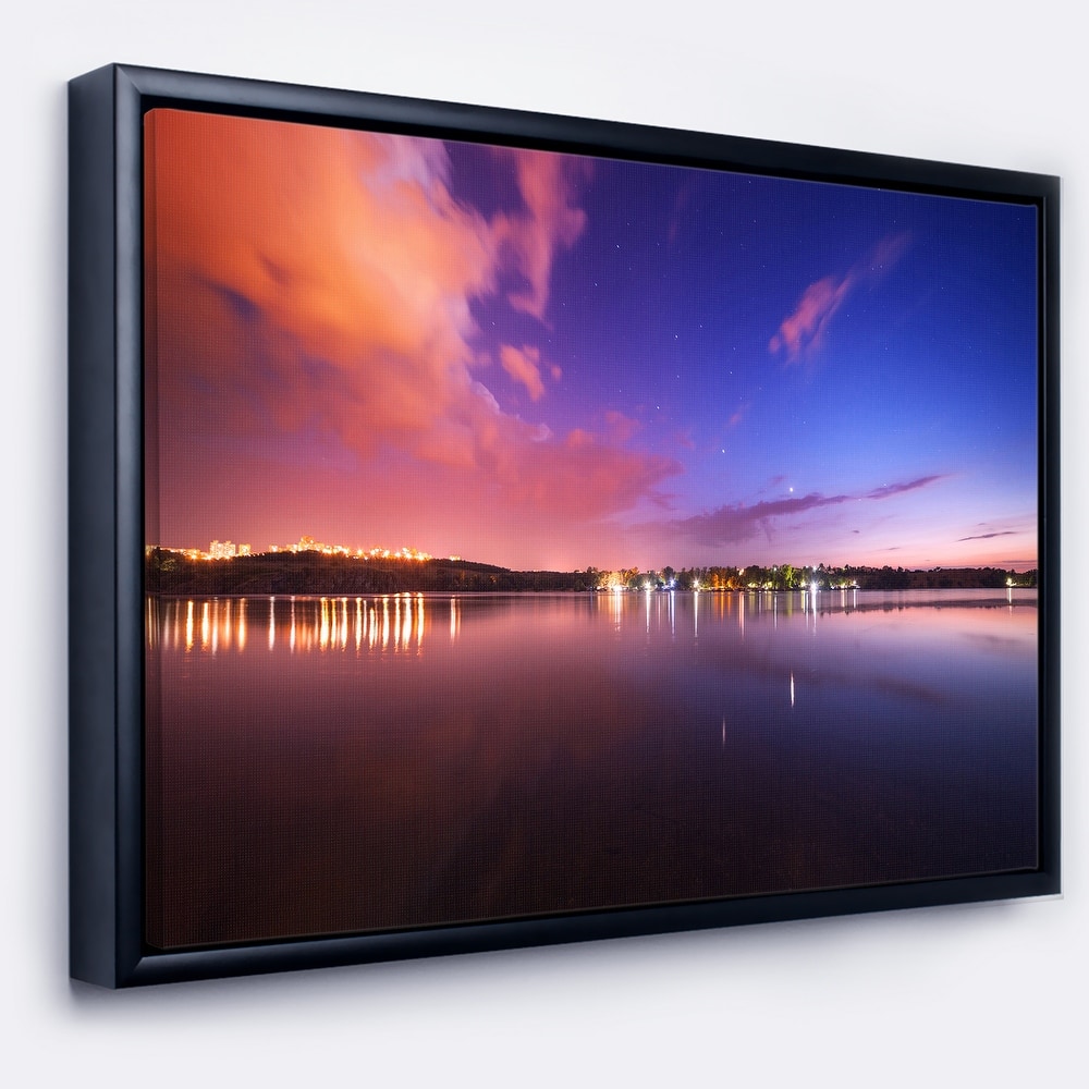 Designart "Night Sky Reflection in River" Landscape Photography Framed Canvas Print