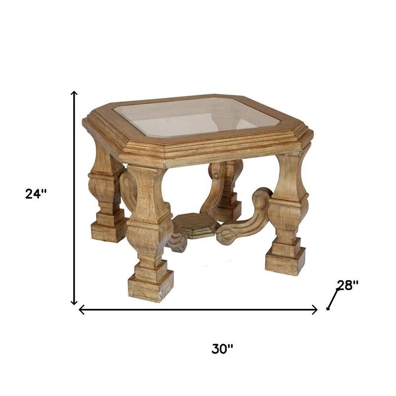 HomeRoots 24" Light Brown And Clear Wood And Glass Square End Table - 30.00 in. x 24.00 in. x 28.00 in.