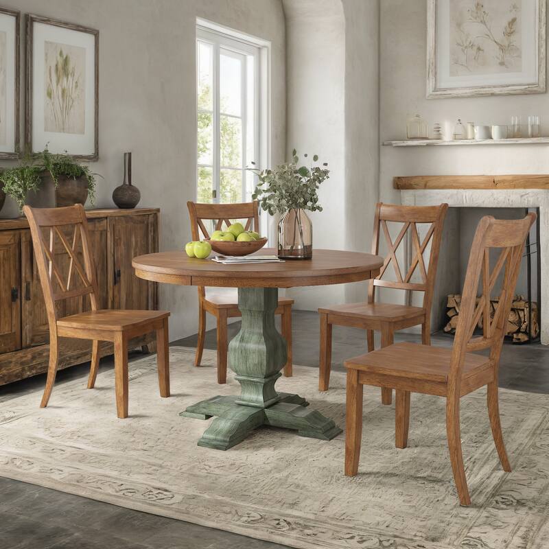 Ronda 45" Round Solid Wood Top Dining Set with X-Back Chairs - Antique Sage Green Table - Oak Chairs
