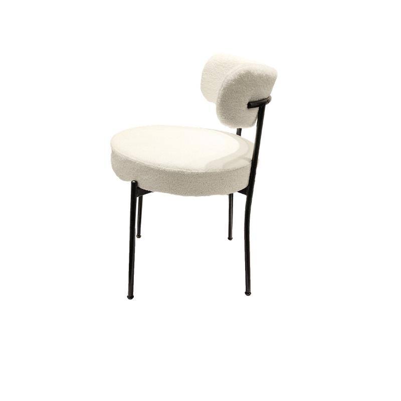 Mid-Century Modern Boucle Dining Chair - White Upholstered Curved Backrest with Black Metal Legs