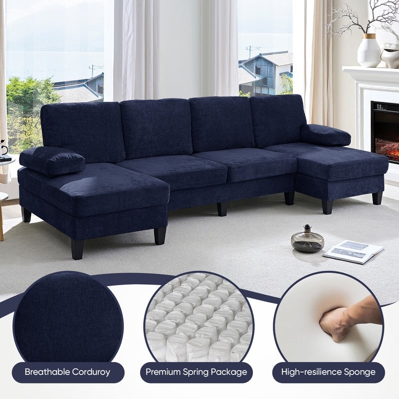 Mixoy 110"U-Shaped Sectional Couches,Chenille Fabric Upholstered Large 4-Seater Sofa with Double Chaises and Sleepable Armrest