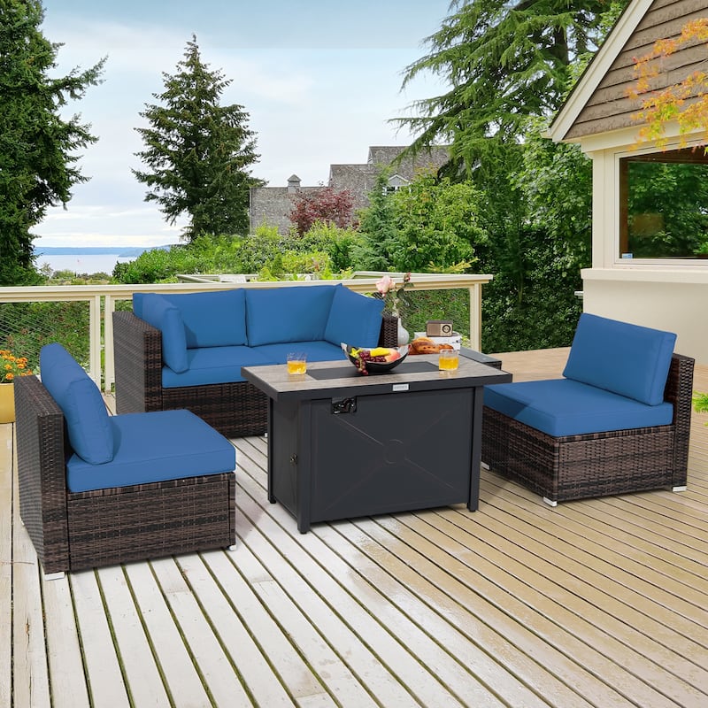 Costway 6PCS Patio Furniture Set Rattan Cushioned Sofa Gas Fire Pit - See Details - Navy