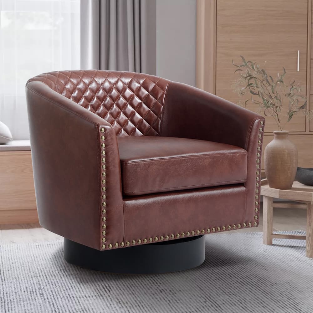 Tufted PU Vegan Leather Swivel Barrel Chair with Nailheads Trim