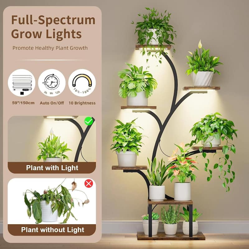 Brown-Black Wood Iron 7-Tier Plant Stand with Grow Lights and Timer - 29.45" L x 11.8" W x 48.9" H