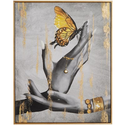 Canvas Butterfly Shaded Living Room Framed Wall Art with Jeweled Hands and Gold Foil Accents - Black - Roche River Decor