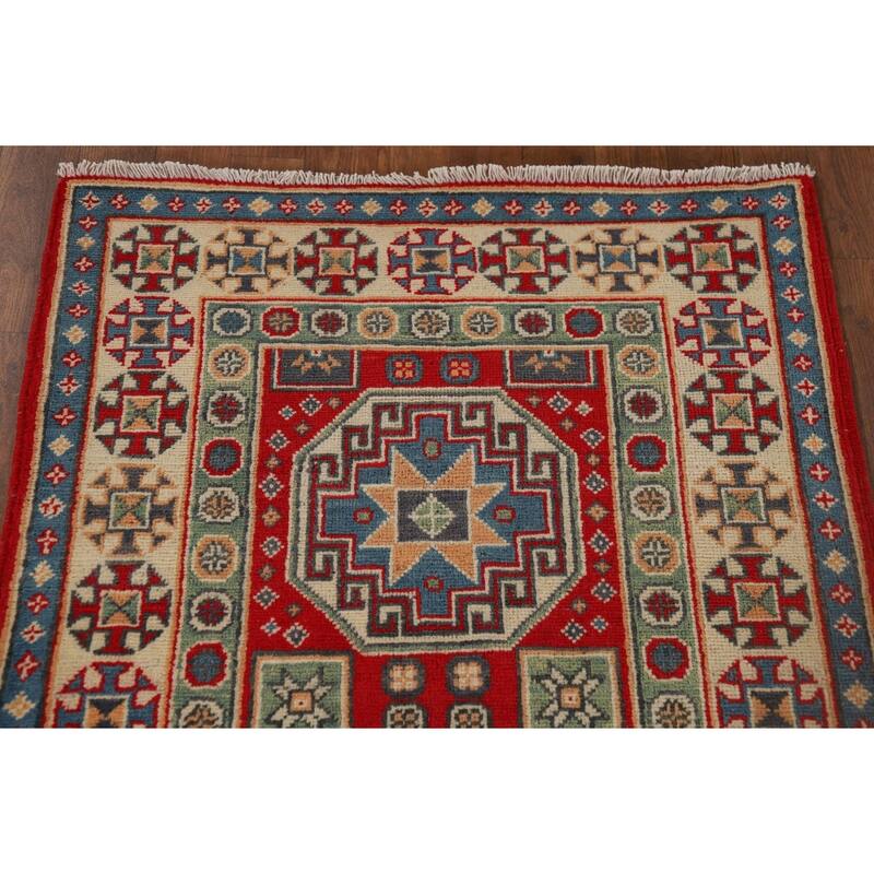 Geometric Kazak Runner Rug Hand-Knotted Oriental Red Wool Carpet - 2'9" x 9'11"